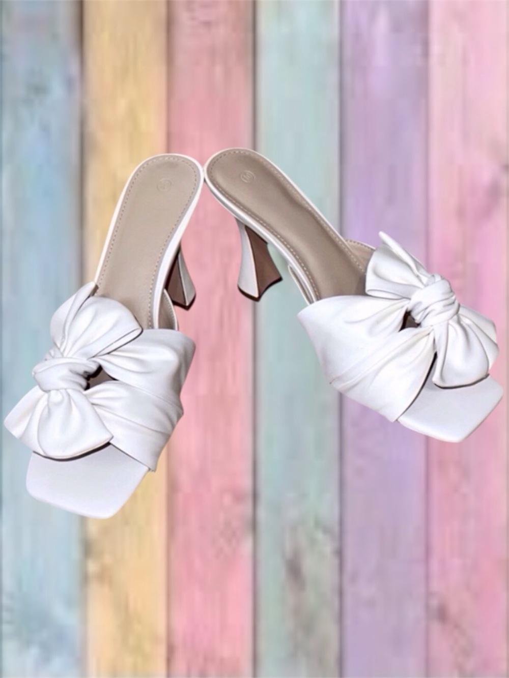 White Faux Leather Side Bow Slide Heel Sandals